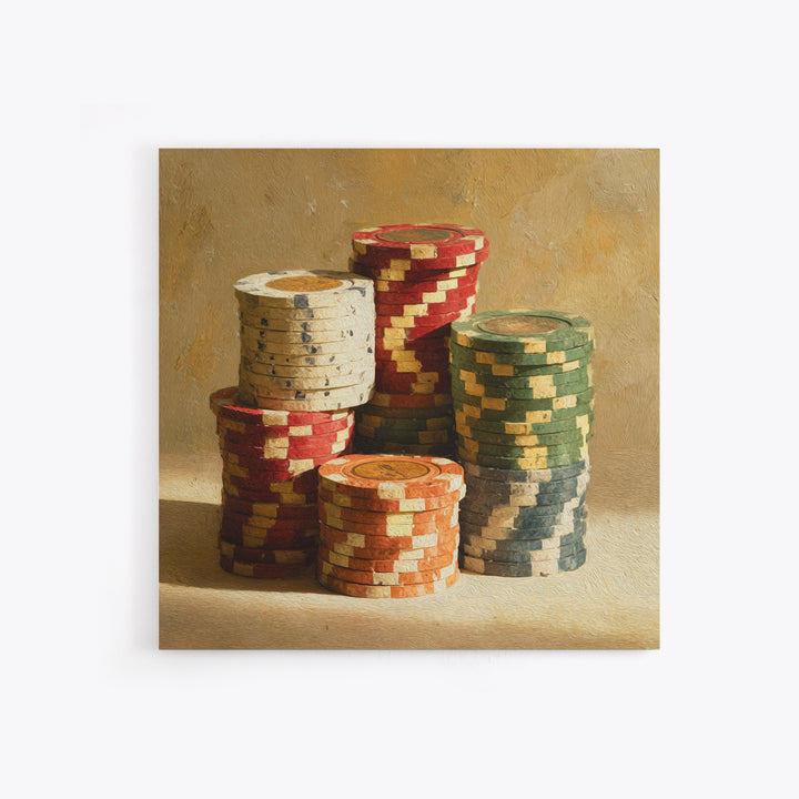 Poker Chips Stacked Like Casino Still Life Framed Canvas Print, Game Room Art, Modern Wall Art, Game Room Decor, Fine Art, Play, GRA-1x1-7