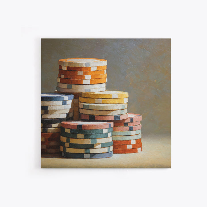 Poker Chips Stacked Like Casino Still Life Framed Canvas Print, Game Room Art, Fine Art Print, Game Room Decor, Oil Painting, GRA-1x1-79
