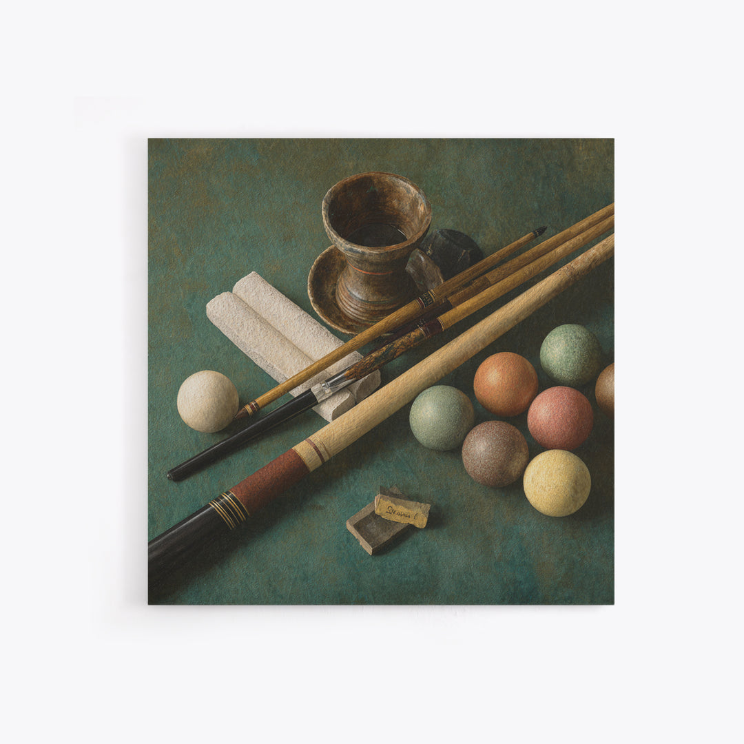 Pool Cue and Chalk on Green Felt Canvas Print, Game Room Art, Neutral Decor, Game Room Decor, Oil Painting, Play, Wall Art, GRA-1x1-82