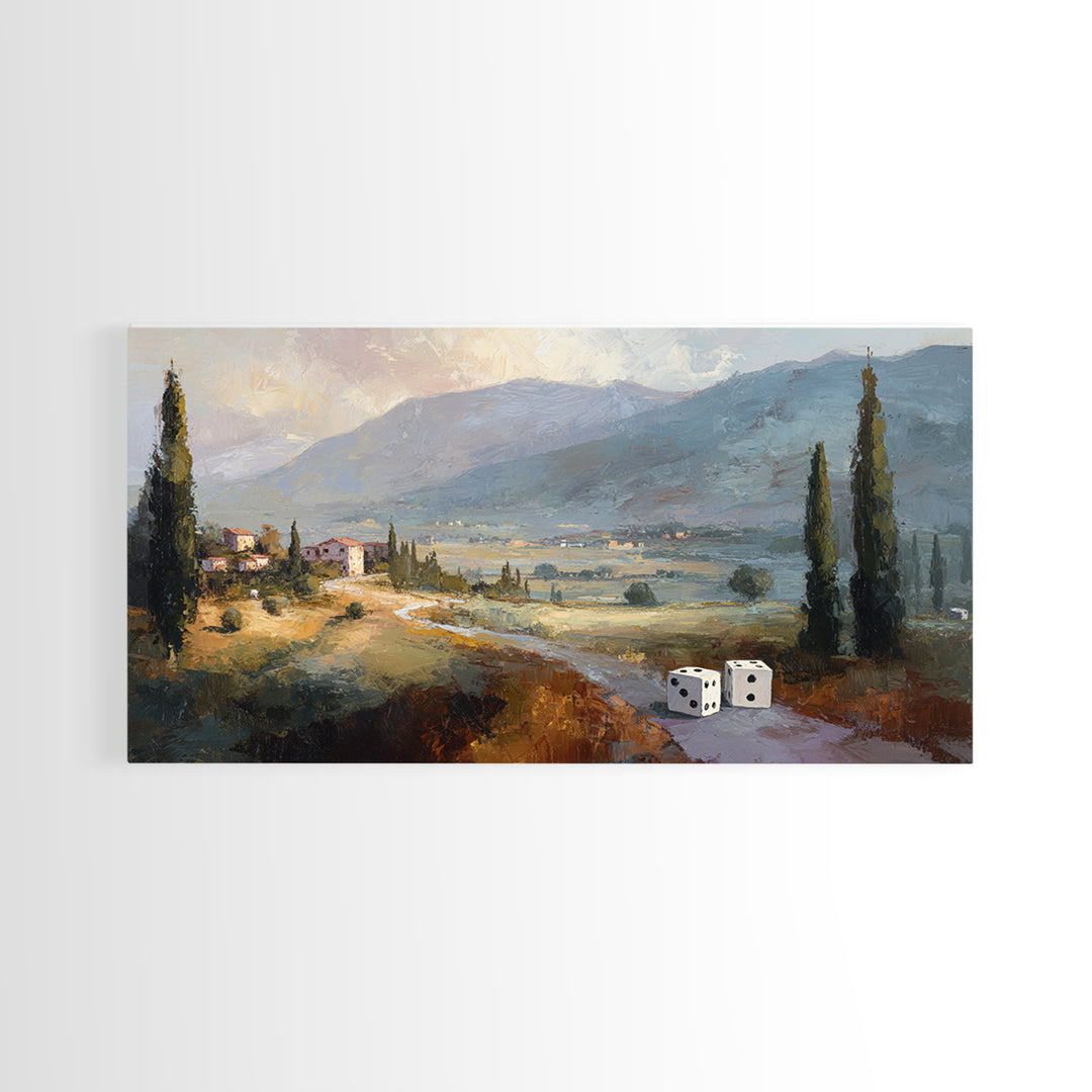 Tabletop Dice Rolling Through Dramatic Light Framed Canvas Print, Game Room Art, Minimalist Decor, Game Room Decor, Play, GRA-2x1-13