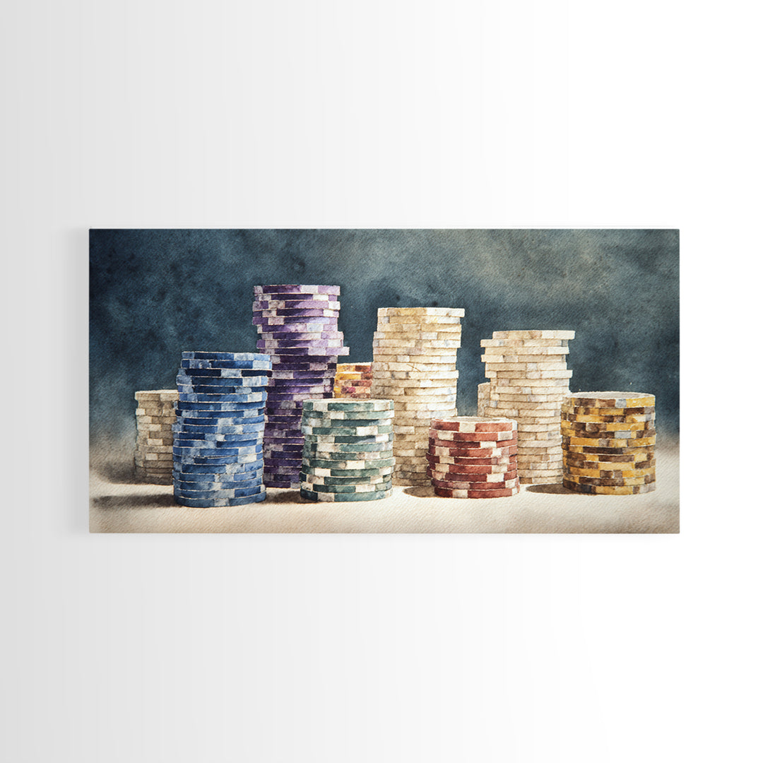 Poker Chips Stacked Like Casino Still Life Framed Canvas Print, Game Room Art, Fine Art Print, Game Room Decor, Oil Painting, GRA-2x1-27