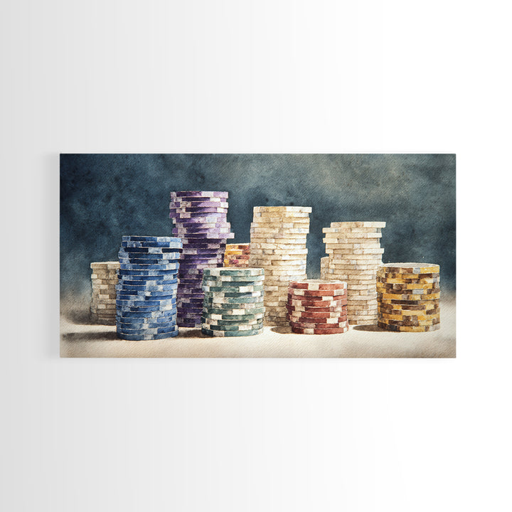 Poker Chips Stacked Like Casino Still Life Framed Canvas Print, Game Room Art, Fine Art Print, Game Room Decor, Oil Painting, GRA-2x1-27