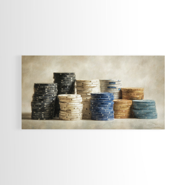 Poker Chips Stacked Like Casino Still Life Framed Canvas Print, Game Room Art, Modern Wall Art, Game Room Decor, Fine Art, Play, GRA-2x1-3