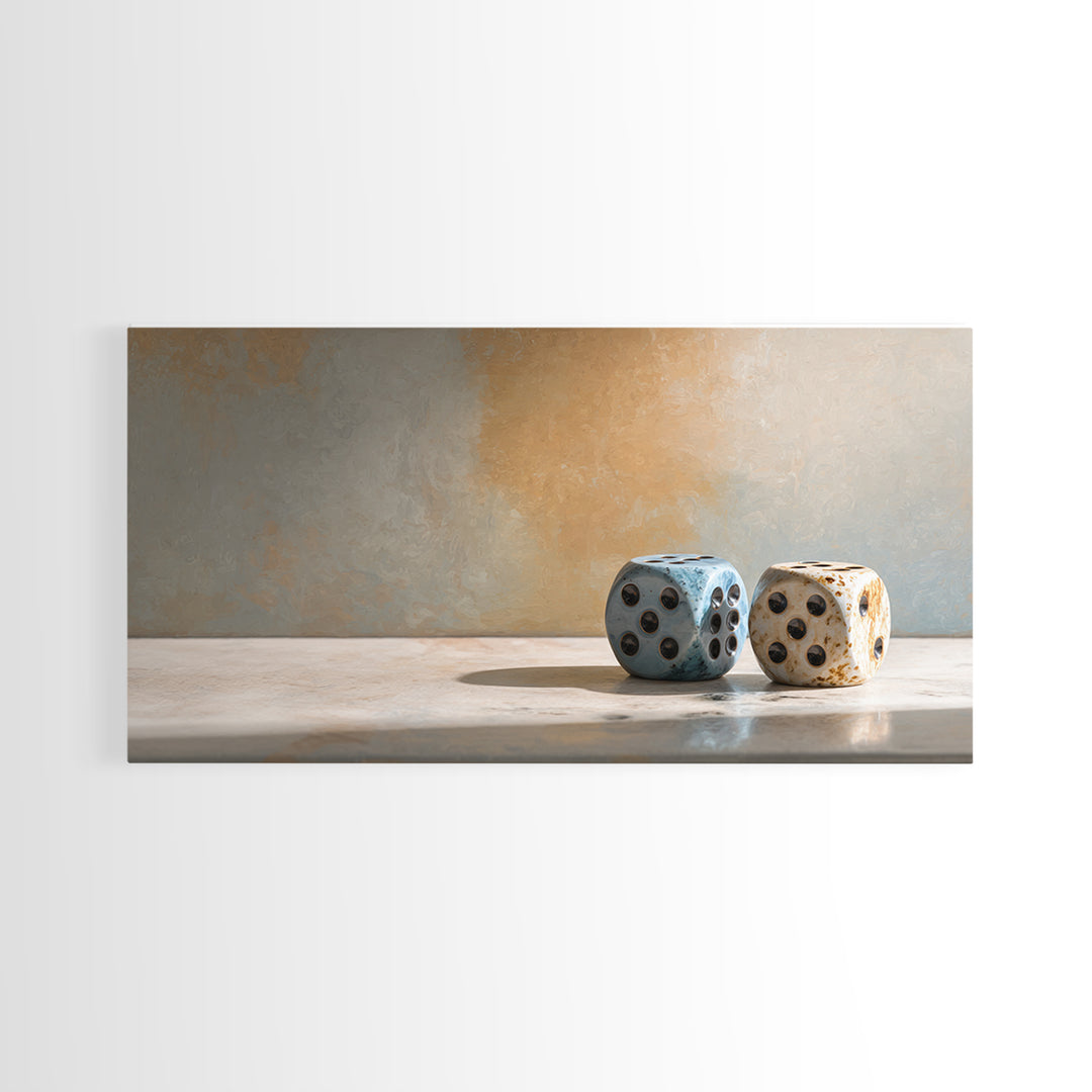 Tabletop Dice Rolling Through Dramatic Light Framed Canvas Print, Game Room Art, Minimalist Decor, Game Room Decor, Play, GRA-2x1-37
