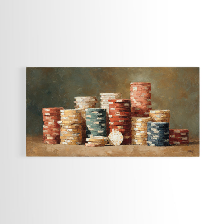Poker Chips Stacked Like Casino Still Life Framed Canvas Print, Game Room Art, Bedroom Wall Art, Game Room Decor, GRA-2x1-51