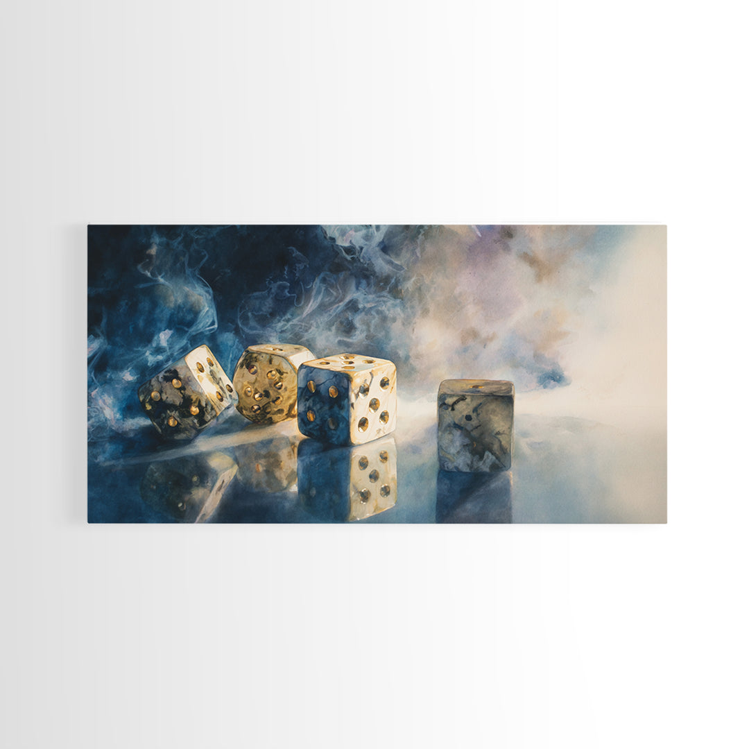 Tabletop Dice Rolling Through Dramatic Light Canvas Print, Game Room Art, Classroom Decor, Game Room Decor, Fine Art, Play, GRA-2x1-61