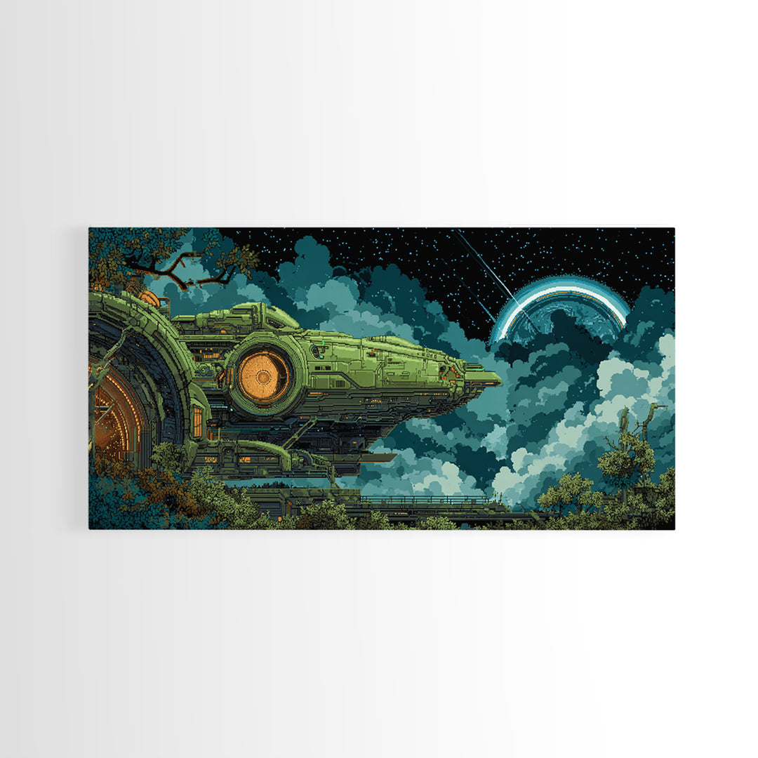 Arcade Spaceship Pixel Art Scene Canvas Print, Game Room Art, African American Art, Game Room Decor, Play, Kids Room Wall Art, GRA-2x1-63