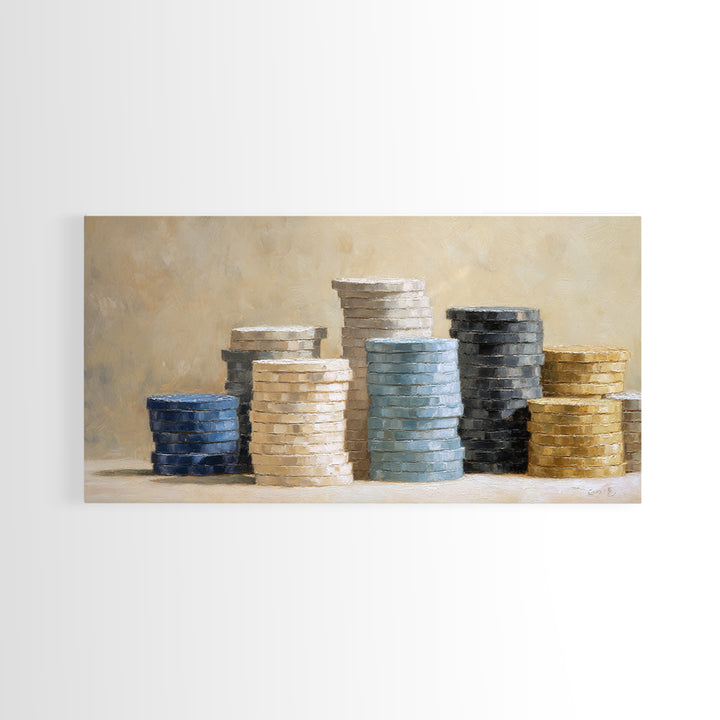 Poker Chips Stacked Like Casino Still Life Framed Canvas Print, Game Room Art, Boho Decor, Game Room Decor, Fine Art, Play, GRA-2x1-75