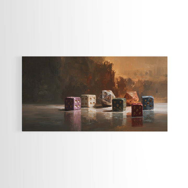 Tabletop Dice Rolling Through Dramatic Light Framed Canvas Print, Game Room Art, Living Room Decor, Game Room Decor, Play, GRA-2x1-85