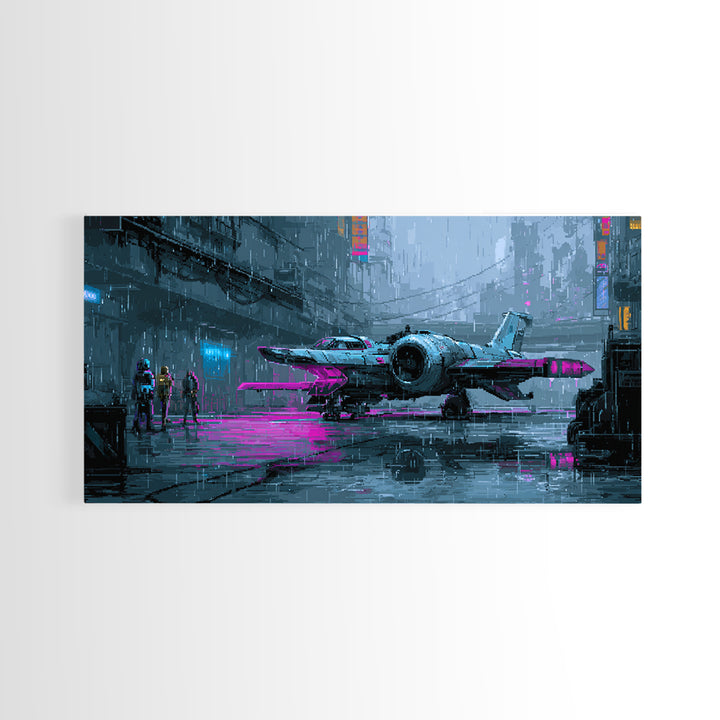 Arcade Spaceship Pixel Art Scene Framed Canvas Print, Game Room Art, Pop Art, Game Room Decor, Fine Art, Play, Fine Art Print, GRA-2x1-87