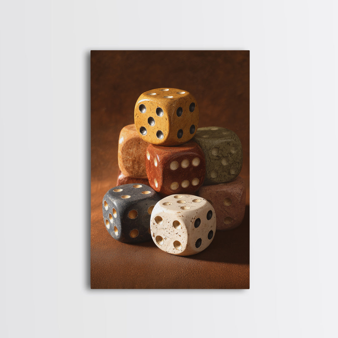 Tabletop Dice Rolling Through Dramatic Light Framed Canvas Print, Game Room Art, Canvas Print, Game Room Decor, Fine Art, Play, GRA-2x3-73