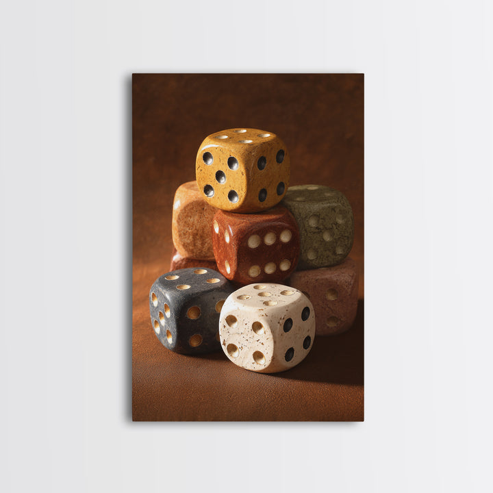 Tabletop Dice Rolling Through Dramatic Light Framed Canvas Print, Game Room Art, Canvas Print, Game Room Decor, Fine Art, Play, GRA-2x3-73