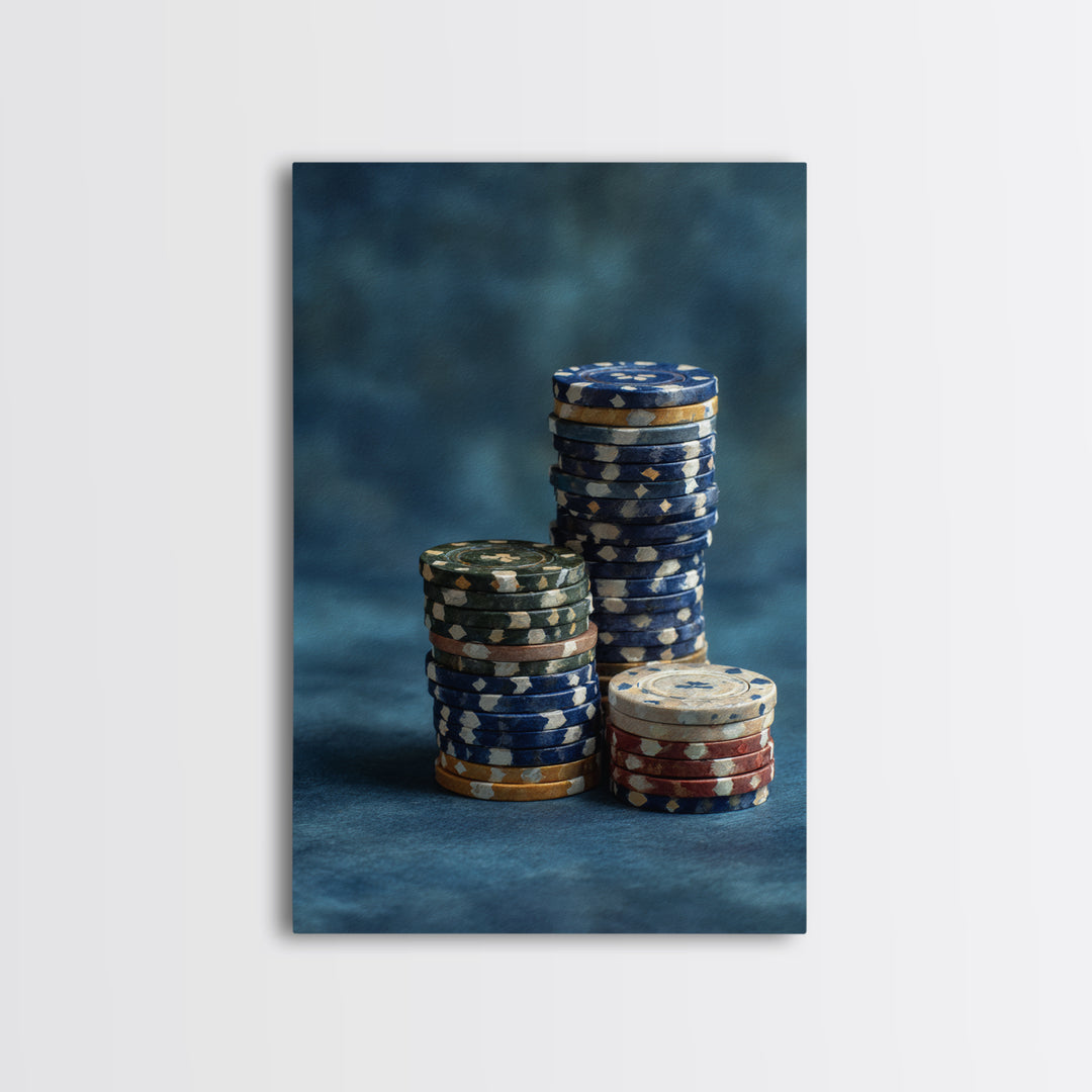 Poker Chips Stacked Like Casino Still Life Framed Canvas Print, Game Room Art, African American Art, Game Room Decor, Play, GRA-2x3-87
