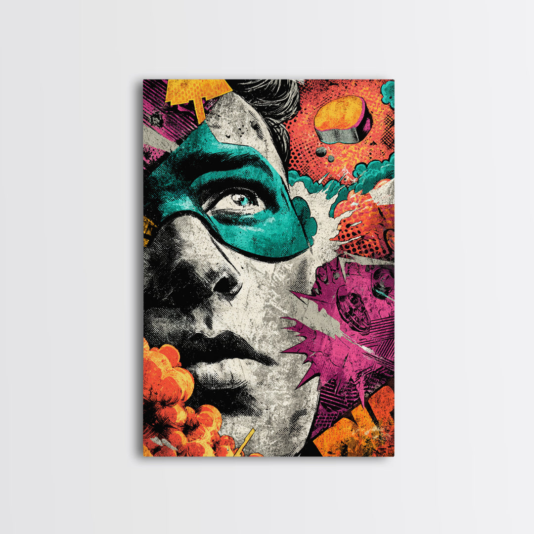 Comic Style Explosion with Game Icons Canvas Print, Game Room Art, Trendy Wall Art, Game Room Decor, Oil Painting, Play, GRA-2x3-95