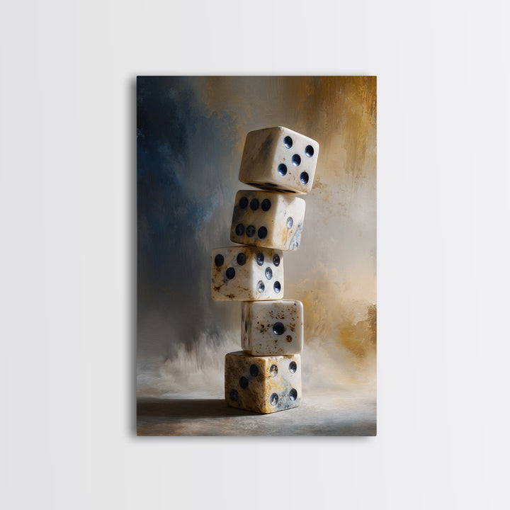 Tabletop Dice Rolling Through Dramatic Light Framed Canvas Print, Game Room Art, Canvas Print, Game Room Decor, Fine Art, Play, GRA-2x3-97