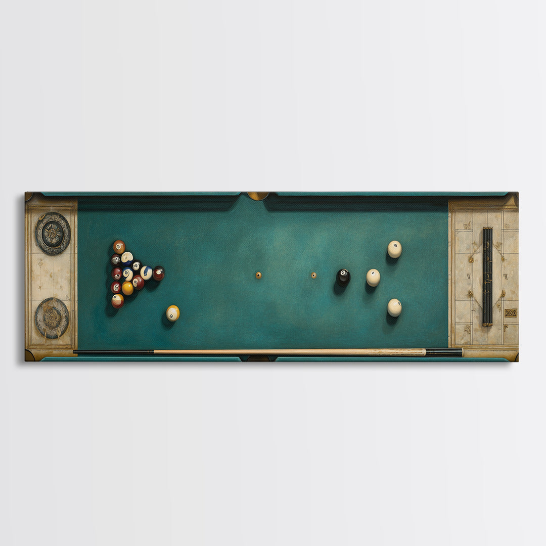 Pool Cue and Chalk on Green Felt Framed Canvas Print, Game Room Art, Original Art, Game Room Decor, Play, Trendy Wall Art, GRA-3x1-2