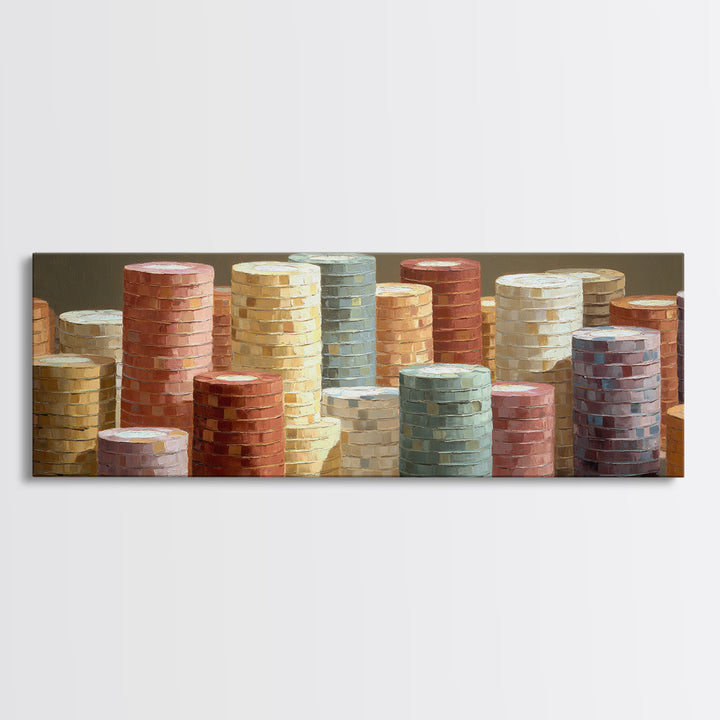 Poker Chips Stacked Like Casino Still Life Framed Canvas Print, Game Room Art, Boho Decor, Game Room Decor, Fine Art, Play, GRA-3x1-23