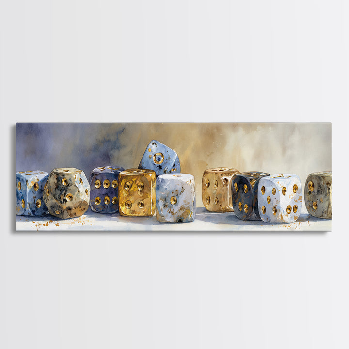 Tabletop Dice Rolling Through Dramatic Light Canvas Print, Game Room Art, African American Art, Game Room Decor, Fine Art, Play, GRA-3x1-33