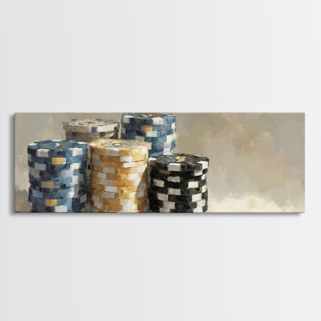Poker Chips Stacked Like Casino Still Life Framed Canvas Print, Game Room Art, Game Room Decor, Oil Painting, Play, GRA-3x1-47