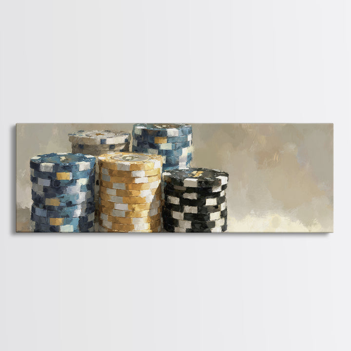 Poker Chips Stacked Like Casino Still Life Framed Canvas Print, Game Room Art, Game Room Decor, Oil Painting, Play, GRA-3x1-47