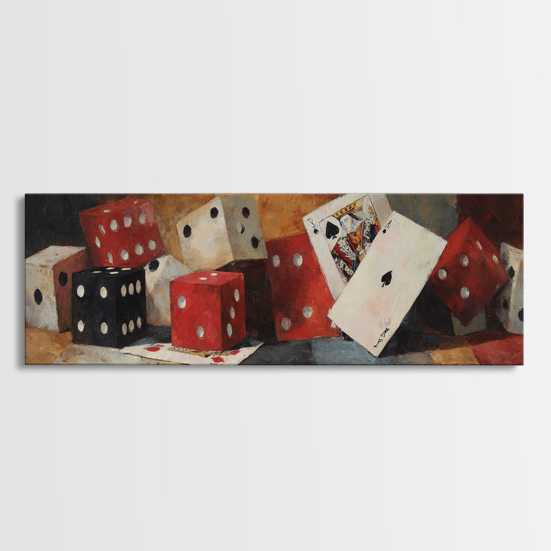 Playing Cards and Dice Framed Canvas Print, Game Room Art, Black Art, Game Room Decor, Abstract Art, Play, Playroom Art, GRA-3x1-67
