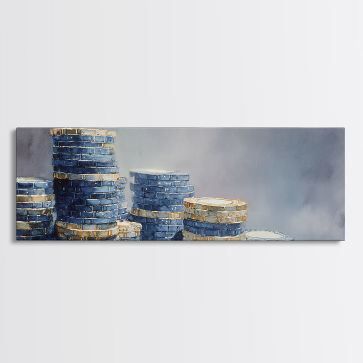 Poker Chips Stacked Like Casino Still Life Canvas Print, Game Room Art, New Home Gift, Game Room Decor, Fine Art, Play, GRA-3x1-71