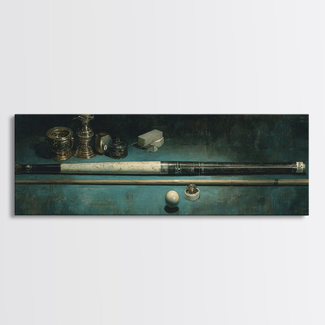 Pool Cue and Chalk on Green Felt Framed Canvas Print, Game Room Art, Black Woman Art, Game Room Decor, Oil Painting, Play, GRA-3x1-74