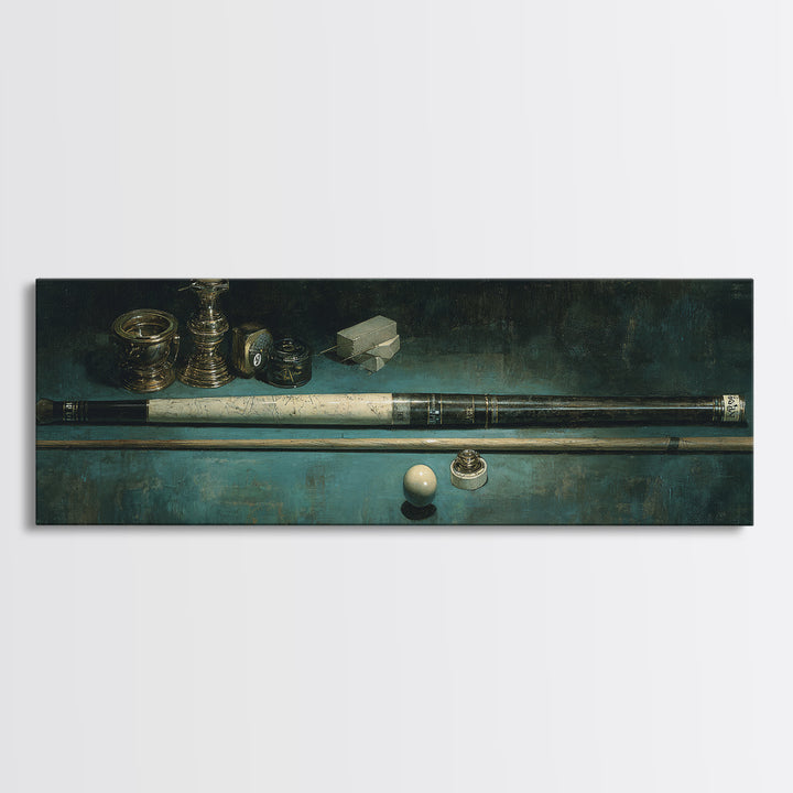 Pool Cue and Chalk on Green Felt Framed Canvas Print, Game Room Art, Black Woman Art, Game Room Decor, Oil Painting, Play, GRA-3x1-74