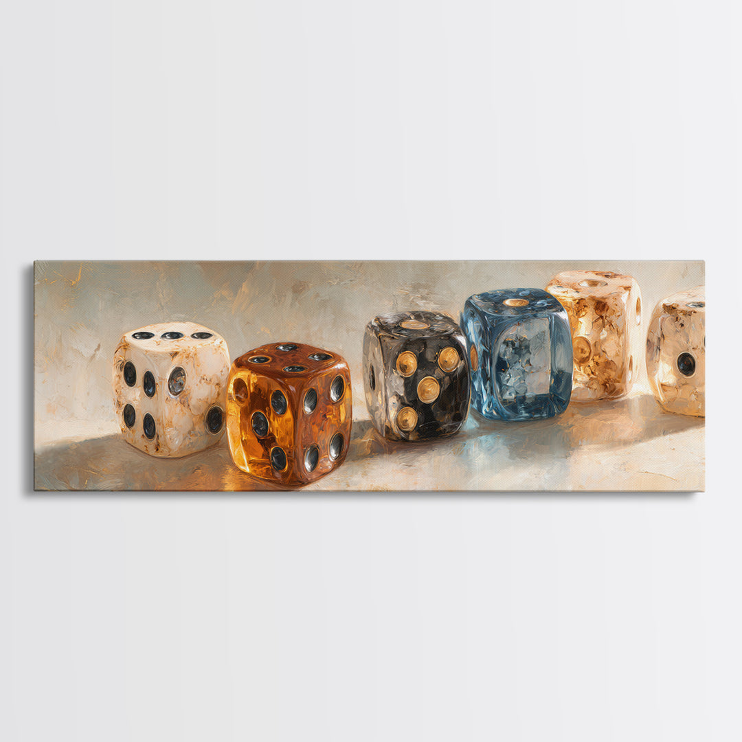 Tabletop Dice Rolling Through Dramatic Light Framed Canvas Print, Game Room Art, Pop Art, Game Room Decor, Fine Art, Play, GRA-3x1-81