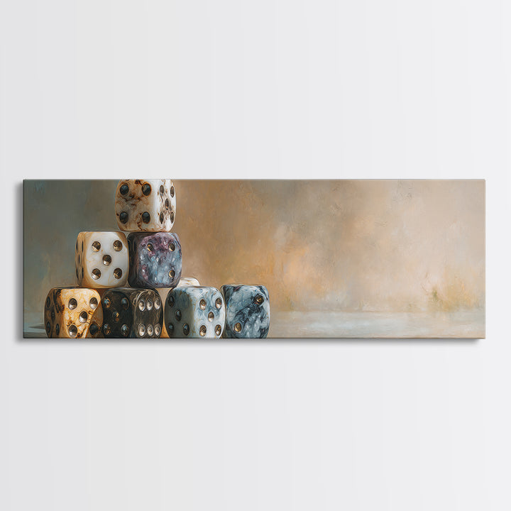 Tabletop Dice Rolling Through Dramatic Light Framed Canvas Print, Game Room Art, Living Room Decor, Game Room Decor, Play, GRA-3x1-9