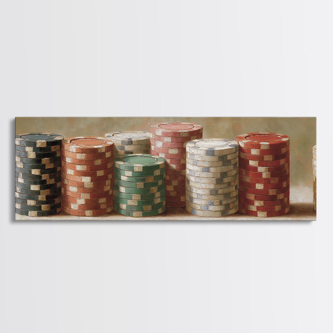 Poker Chips Stacked Like Casino Still Life Canvas Print, Game Room Art, Textured Painting, Game Room Decor, Oil Painting, Play, GRA-3x1-95
