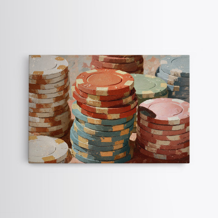 Poker Chips Stacked Like Casino Still Life Canvas Print, Game Room Art, Pop Art, Game Room Decor, Play, Fine Art Print, GRA-3x2-11