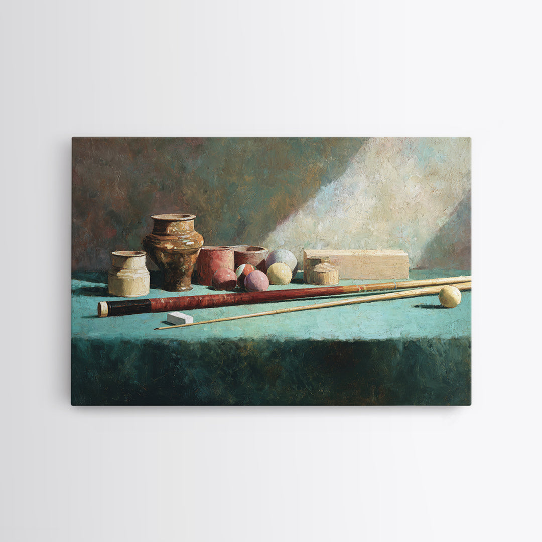 Pool Cue and Chalk on Green Felt Framed Canvas Print, Game Room Art, Canvas Art, Game Room Decor, Play, Living Room Art, GRA-3x2-14