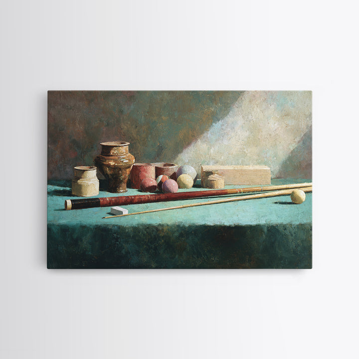 Pool Cue and Chalk on Green Felt Framed Canvas Print, Game Room Art, Canvas Art, Game Room Decor, Play, Living Room Art, GRA-3x2-14