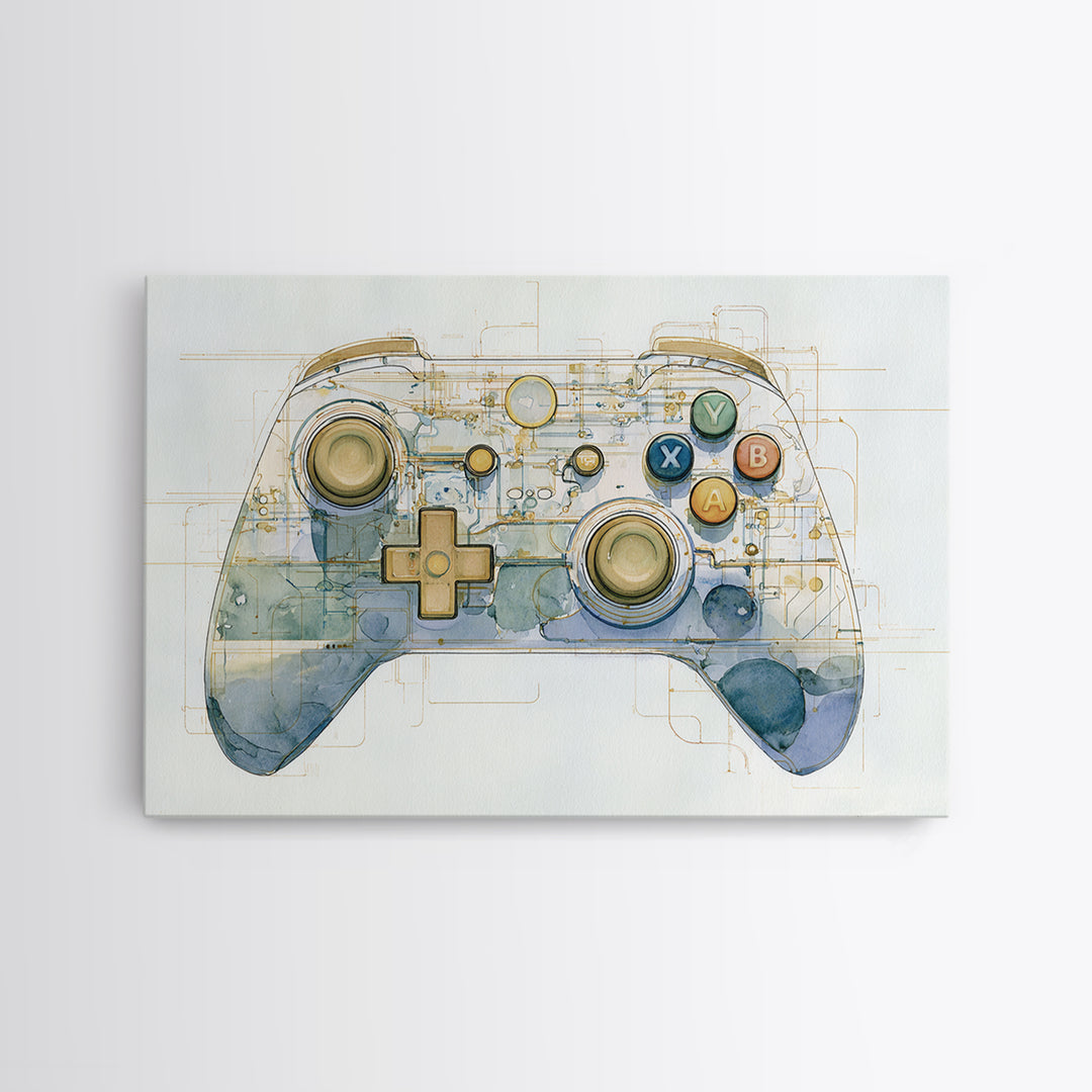 Old School Game Controller Canvas Print, Game Room Art, Trendy Wall Art, Game Room Decor, Watercolor Art, Play, GRA-3x2-34