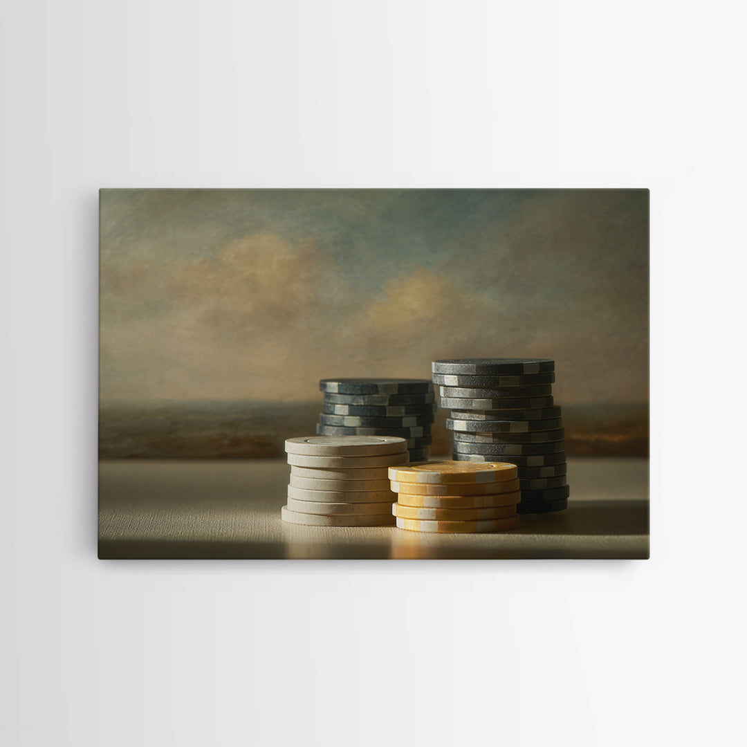 Poker Chips Stacked Like Casino Still Life Framed Canvas Print, Game Room Art, Original Artwork, Game Room Decor, Play, GRA-3x2-35