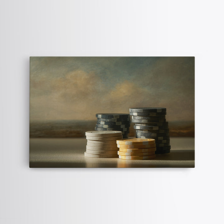 Poker Chips Stacked Like Casino Still Life Framed Canvas Print, Game Room Art, Original Artwork, Game Room Decor, Play, GRA-3x2-35