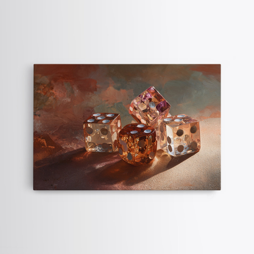 Tabletop Dice Rolling Through Dramatic Light Framed Canvas Print, Game Room Art, Unique Home Decor, Game Room Decor, Play, GRA-3x2-45