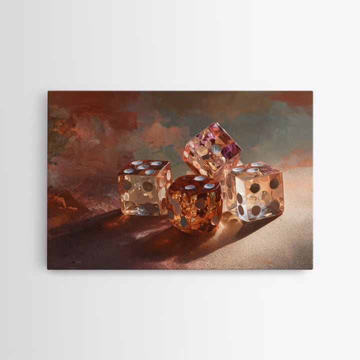 Tabletop Dice Rolling Through Dramatic Light Framed Canvas Print, Game Room Art, Unique Home Decor, Game Room Decor, Play, GRA-3x2-45