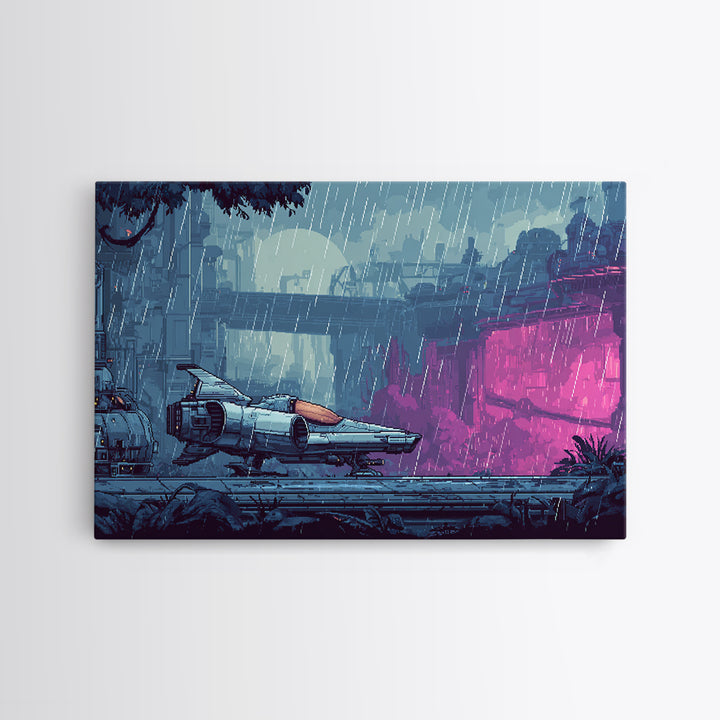 Arcade Spaceship Pixel Art Scene Framed Canvas Print, Game Room Art, Room Decor, Game Room Decor, Oil Painting, Play, GRA-3x2-47