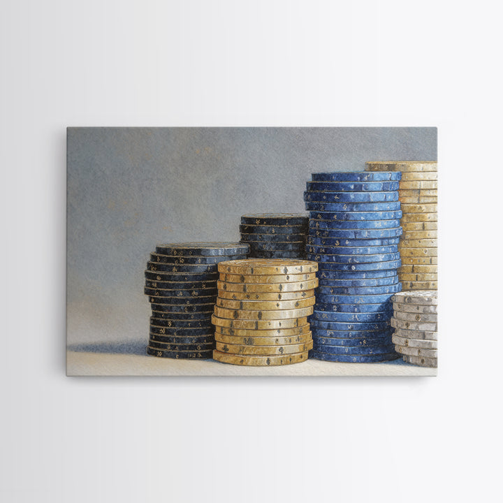 Poker Chips Stacked Like Casino Still Life Framed Canvas Print, Game Room Art, Art Print, Game Room Decor, Oil Painting, Play, GRA-3x2-59