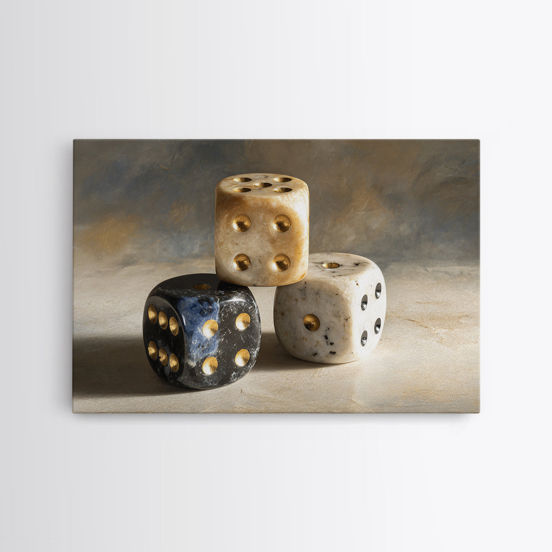 Tabletop Dice Rolling Through Dramatic Light Framed Canvas Print, Game Room Art, Unique Home Decor, Game Room Decor, Play, GRA-3x2-69