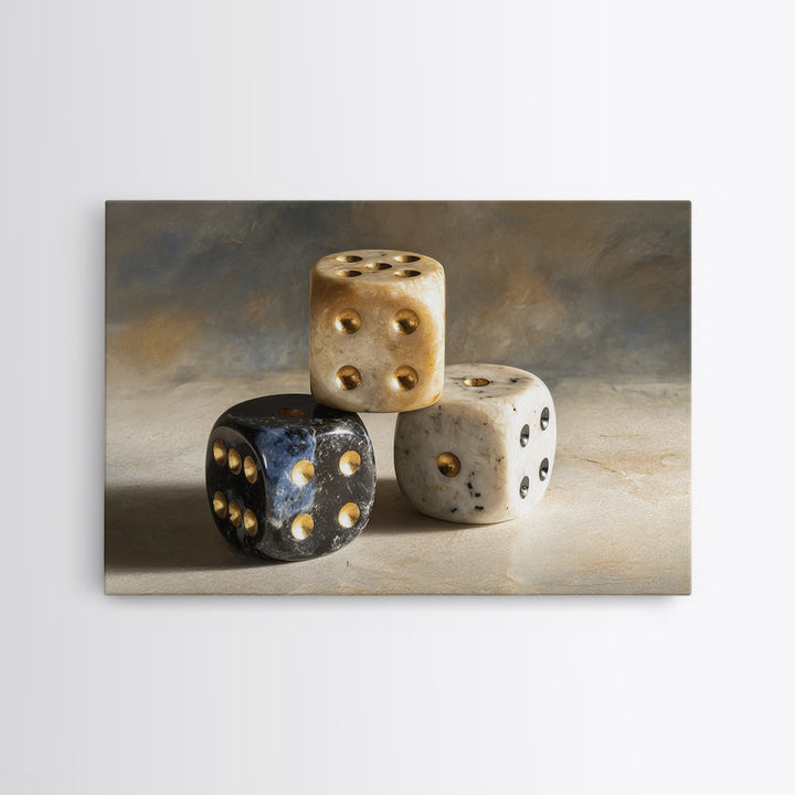 Tabletop Dice Rolling Through Dramatic Light Framed Canvas Print, Game Room Art, Unique Home Decor, Game Room Decor, Play, GRA-3x2-69