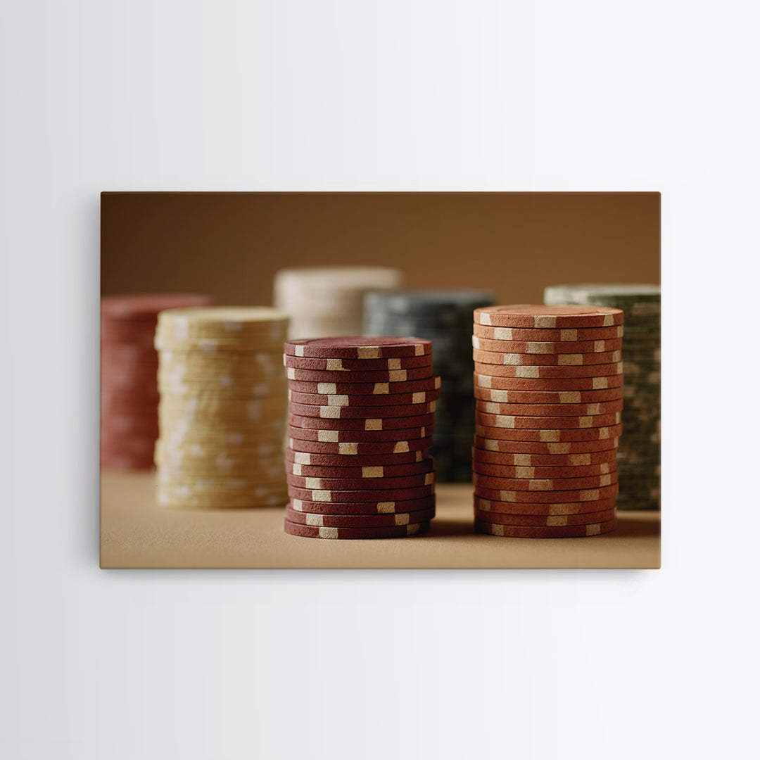 Poker Chips Stacked Like Casino Still Life Canvas Print, Game Room Art, Wall Art, Game Room Decor, Play, Bedroom Wall Art, GRA-3x2-83