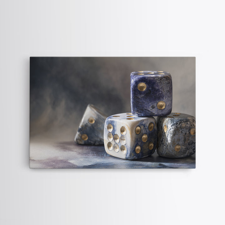 Tabletop Dice Rolling Through Dramatic Light Canvas Print, Game Room Art, Retro Art, Game Room Decor, Fine Art, Play, GRA-3x2-93
