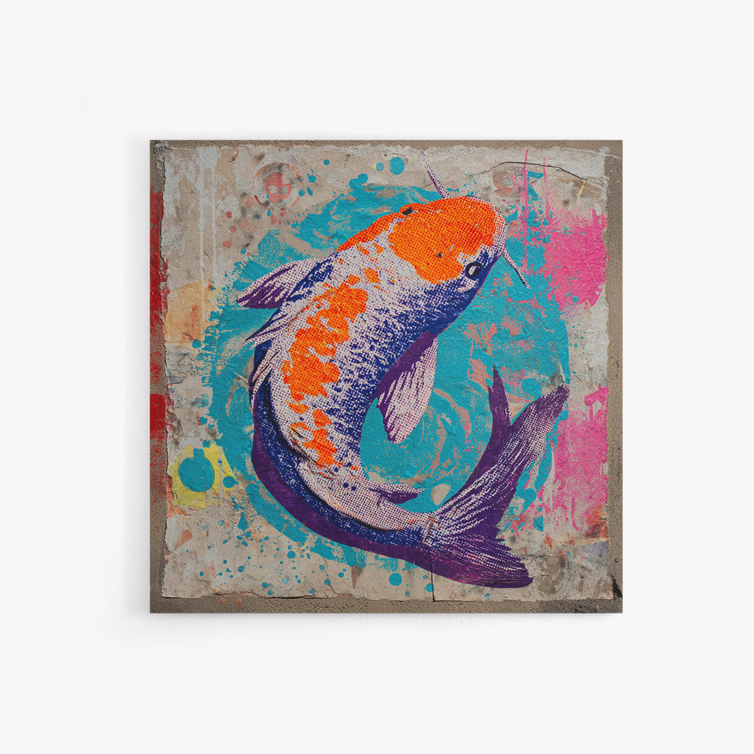 Spray Painted Koi Fish on Brick Texture Framed Canvas Print, Graffiti Art, Canvas Wall Art, Living Room Decor, Watercolor Art, GRF-1x1-16