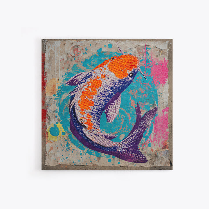 Spray Painted Koi Fish on Brick Texture Framed Canvas Print, Graffiti Art, Canvas Wall Art, Living Room Decor, Watercolor Art, GRF-1x1-16