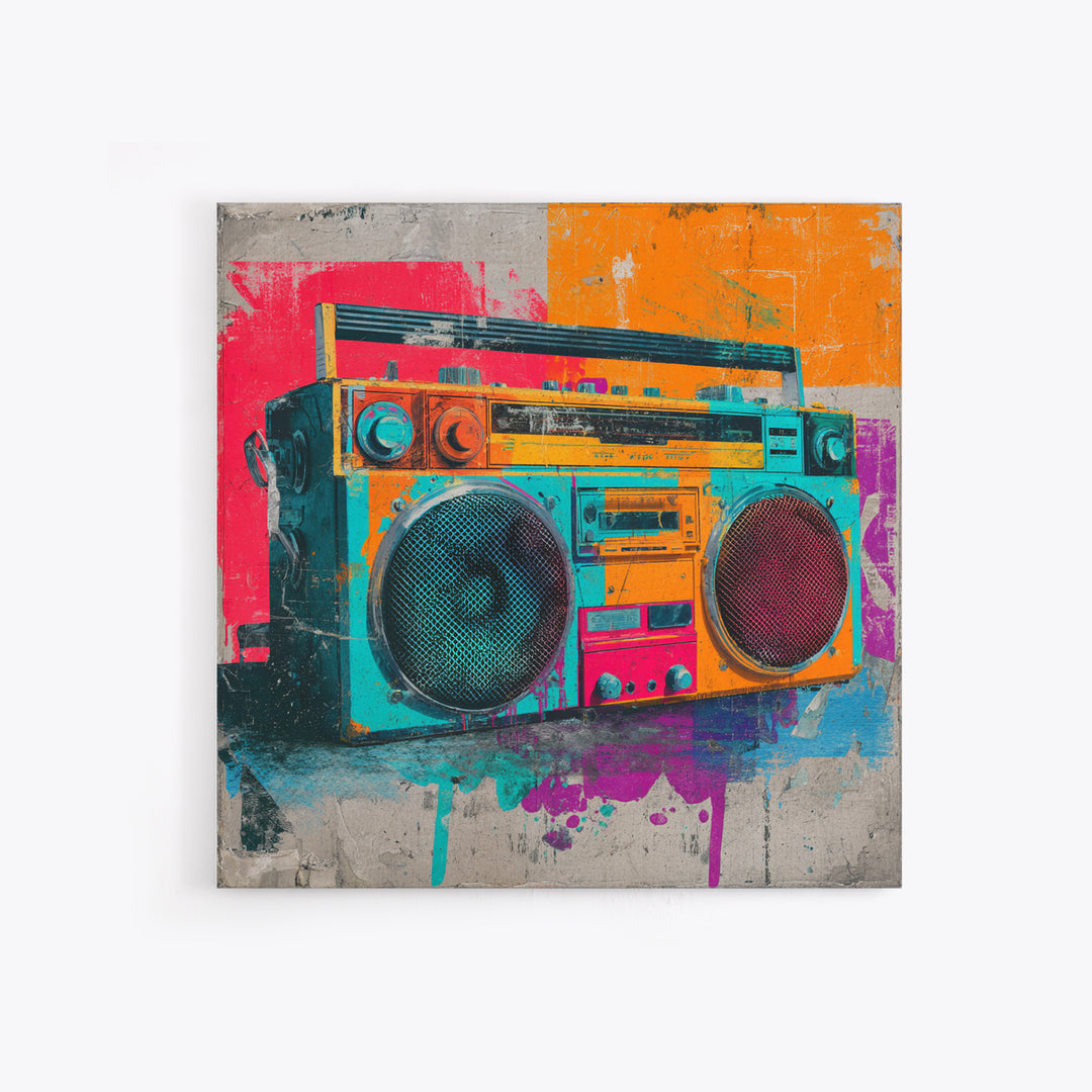 Boombox and Cassette Tape Framed Canvas Print, Graffiti Art, Gallery Decor, Living Room Decor, Fine Art, Street, Wall Art, GRF-1x1-38