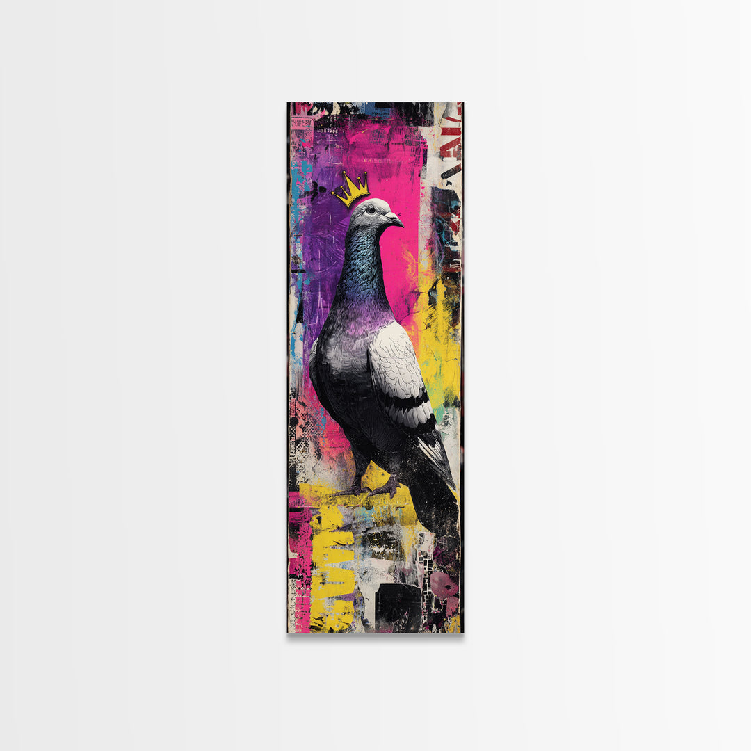 City Pigeon with Crown in Street Art Framed Canvas Print, Graffiti Art, Framed Art, Living Room Decor, Fine Art, Street, GRF-1x3-47