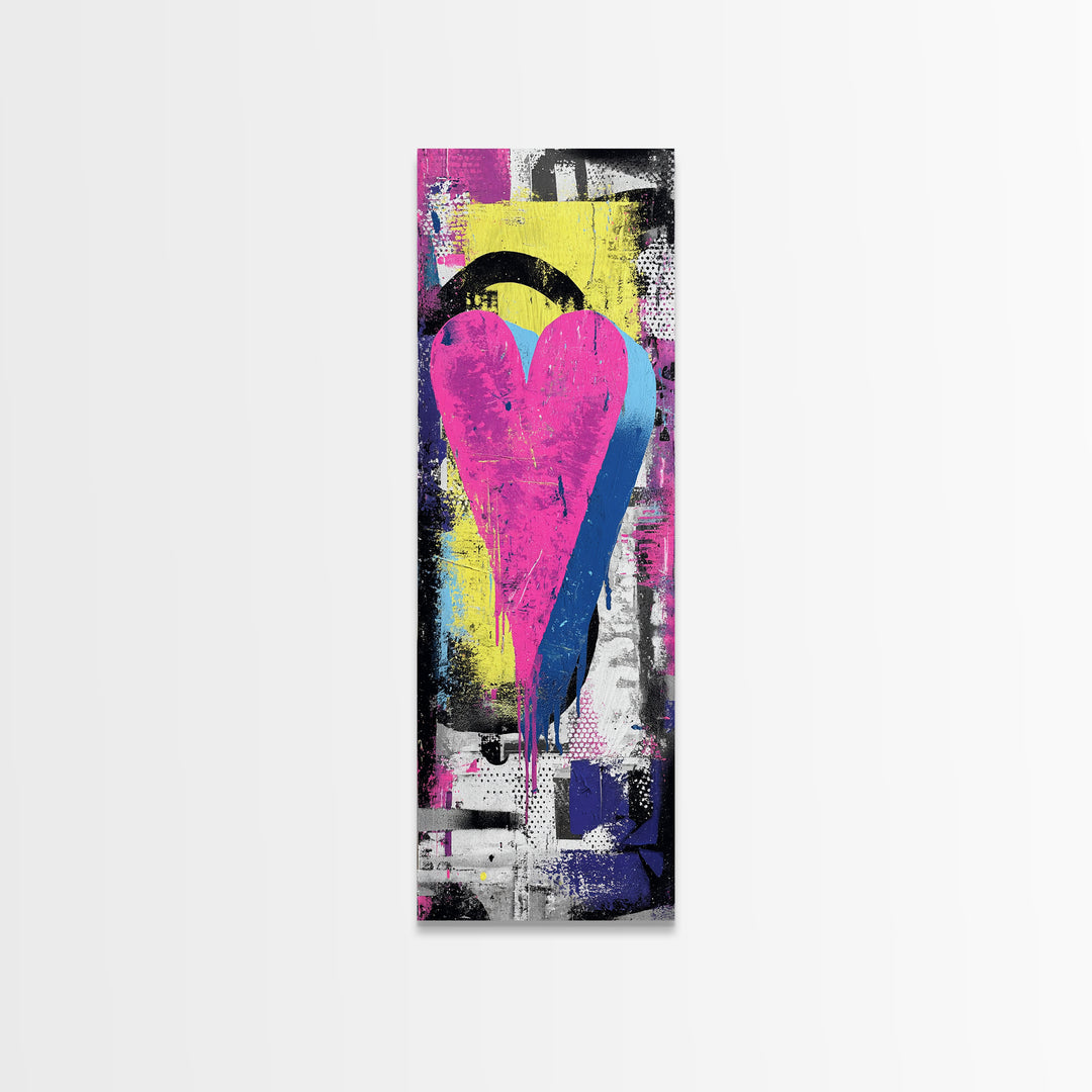 Neon Heart Painted on Cracked Concrete Texture Canvas Print, Graffiti Art, Luxury Decor, Living Room Decor, Street, GRF-1x3-66